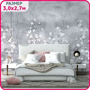 Фотообои цветы на стену MOBI DECOR Белая флора на сером